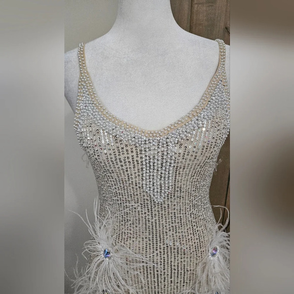 BELLA BARNETT Sequin/beaded Feather Fringe Mini Dress. Silver. Size XS NWT - Picture 10 of 16